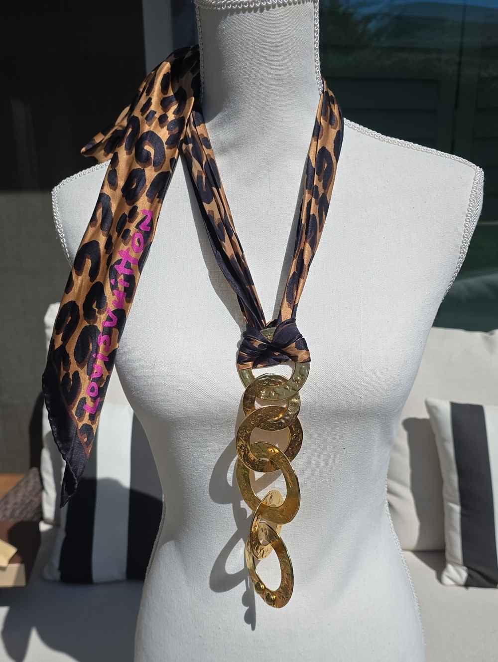 Louis Vuitton Leopard Print Silk Scarf Necklace with Gold Link Pendant